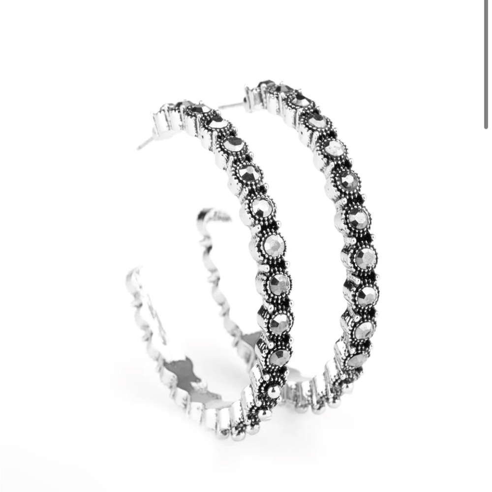 NWT Rhinestone Studded Sass Silver Hoop Earrings(Last One) - Picture 3 of 5